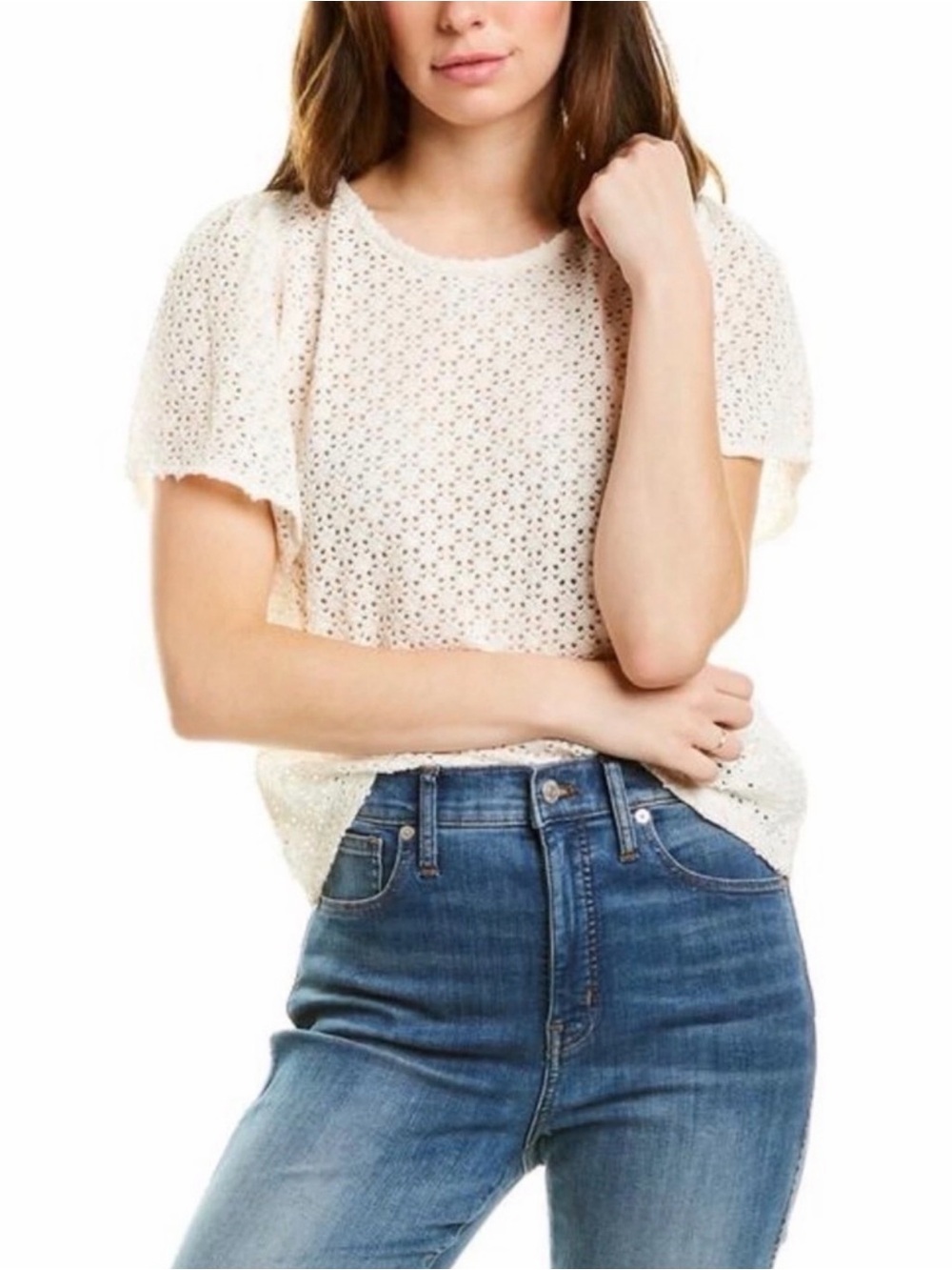 Madewell Texture & Thread Cream Eyelet Flutter Sleeve Top Small
